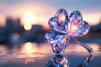 Crystal glass clover on reflective surface with sunset bokeh background, magical light refraction creates purple and blue hues in transparent material.
