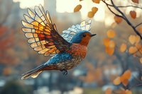 Magical bluebird with spread wings soaring through autumn forest at sunset, orange bokeh lights and falling leaves create dreamy atmosphere. Fantasy nature artwork.