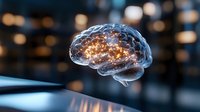 Transparent glass brain with glowing neural networks and golden light connections floating above digital surface for medical technology concepts.