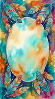 Watercolor boho frame with decorative feathers and oval space for text or design. Tribal ethnic ornamental border with vibrant colors for spiritual artwork.