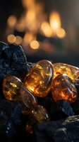 Golden amber stones and dark coal pieces with warm fireplace bokeh background creating cozy atmospheric lighting for luxury jewelry and gemstone concepts.