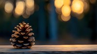 Single pine cone on wooden surface with warm bokeh lights in dark background creates cozy autumn or winter holiday atmosphere.