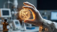 Scientist in white gloves holding glowing microchip with circuit board design in laboratory setting with medical equipment and monitors in background.