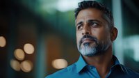 Middle-aged South Asian man with salt and pepper beard wearing blue business shirt, looking thoughtfully into distance against blurred bokeh background in professional setting.