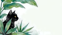 Black cat hiding behind tropical green leaves on light background with copy space for text and design projects.