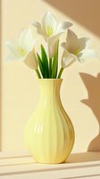 White lilies in pale yellow ceramic vase against beige wall with dramatic shadow play. Minimalist floral arrangement for modern home decor and interior design.