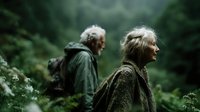 Elderly couple hiking through lush green forest wearing outdoor gear, exploring nature trail together in misty woodland adventure for active retirement lifestyle.