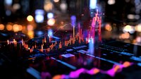 Financial market data visualization with glowing candlestick charts and trading indicators on dark background with bokeh lights, showing stock price movements.