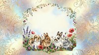 Watercolor Easter bunnies with spring flowers frame an oval copy space on a soft pastel floral background for cards and invitations.