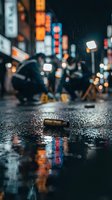 Bullet shell casing on wet asphalt street at night with blurred neon lights and urban bokeh background creating dramatic crime scene atmosphere.