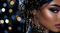 Young African American woman with glitter in dark hair and glamorous evening makeup against blurred golden bokeh lights background for beauty and fashion concepts.