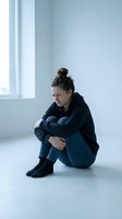 Young woman sitting alone on floor by window feeling sad and depressed in minimalist room with natural light for mental health awareness campaigns.