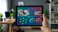 Smart home automation dashboard on tablet showing security cameras, temperature control and network status in modern living room interior.