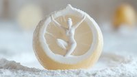 Delicate white ballerina figure carved in lemon peel creating ethereal silhouette against light background with powdered sugar dusting for winter holiday decor.