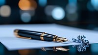 Luxury fountain pen with gold accents reflected on glossy surface creating mirror image with creative bokeh lights, elegant business and writing concept.