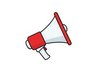 Red and white megaphone with black outline on transparent background, isolated for marketing and communication design projects.