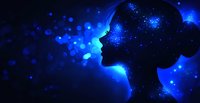 Female silhouette profile with glowing blue particles and bokeh lights against dark background creates magical cosmic atmosphere for spiritual concepts.
