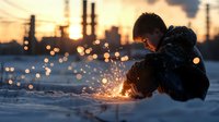 Young Asian male welder working outdoors in winter snow creating bright sparks during sunset with industrial background for construction projects.