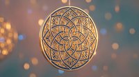 Golden mandala with intricate geometric patterns and ornate details on soft bokeh background for meditation, spirituality and decorative design projects.