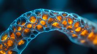 Glowing orange spheres encased in translucent blue cellular network structure create abstract macro pattern against dark background, suitable for science concepts.