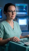 Female doctor in scrubs working at computer workstation in modern medical facility with monitoring screens in background for healthcare technology concepts.