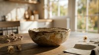 Rustic ceramic bowl on wooden kitchen counter with warm natural lighting and cozy home interior background for cooking and dining concepts.