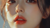 Close up portrait of young Asian woman with glossy red lipstick and flawless skin in warm lighting, showing sensual expression and natural makeup look.