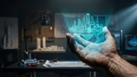 Male hand holding glowing holographic cityscape projection in modern office workspace, representing smart city technology, urban development, and digital innovation for business solutions.