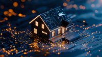 Glowing miniature house on circuit board with bokeh lights, representing smart home technology and digital real estate innovation in modern connectivity era.