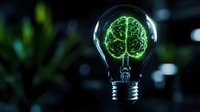 Glowing green brain shape inside light bulb on dark background with bokeh effect, representing innovation, creative thinking and artificial intelligence.