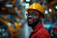 African American male industrial worker wearing yellow hard hat, glasses and red uniform smiles confidently in manufacturing facility with blurred machinery background.