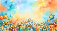Watercolor celebration scene with colorful gift boxes, stars, and blooming flowers in warm and cool tones, suitable for greeting cards, invitations, and festive event designs.