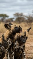 African wild dogs showing affection in natural savanna habitat with acacia trees and golden grassland under cloudy sky during wildlife photography safari.