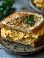 Creamy scrambled egg sandwich on toasted white bread garnished with fresh parsley and black pepper, served on rustic ceramic plate with soft natural lighting.