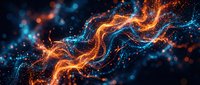 Abstract glowing energy waves with orange and blue particles flowing across dark background, suitable for technology, science, and digital design projects.