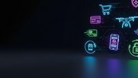 Digital technology neon icons floating on dark background with glowing effects for modern business and e-commerce presentations.