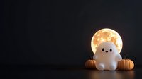 Cute ghost character with pumpkins under full moon on dark background for Halloween decorations and seasonal designs.