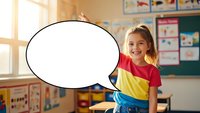 Happy young Caucasian girl student with speech bubble in bright elementary school classroom setting for educational communication concepts.
