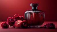 Elegant glass perfume bottle with ribbed design alongside fresh red roses on dark red background, creating luxurious romantic mood for beauty and fragrance concepts.