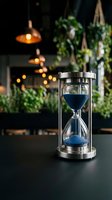 Modern hourglass with blue sand on dark table in cozy restaurant setting with warm lighting and green plants creating atmospheric business ambiance.