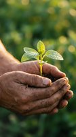 Elderly hands gently protecting young green plant seedling with morning dew drops against blurred natural bokeh background symbolizing growth and care.