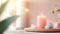 Glowing pink candle on ceramic plate with healing crystals and green leaves, soft bokeh background creates serene spa atmosphere for wellness design.