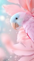 Pink and white parrot portrait with soft feathers against dreamy pastel background with bokeh lights, close-up view showing beak and eye details.