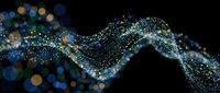 Abstract digital wave made of glowing particles and dots flowing on dark background. Modern technology and data visualization concept for presentations.