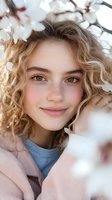 Young blonde woman with curly hair smiling among spring cherry blossoms outdoors. Natural beauty portrait with soft lighting and blooming flowers.