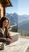 Young woman with curly hair working on laptop at mountain chalet terrace with alpine peaks view. Remote work lifestyle and digital nomad concept.