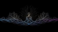 Meditation figure with energy waves and lotus flowers on black background for spiritual wellness and mindfulness designs.