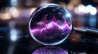 Glowing purple financial chart graph seen through magnifying glass on dark background with bokeh lights, reflecting market analysis concept.