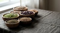 Assorted legumes and grains in wooden bowls on dark fabric surface near window, showcasing lentils, beans and seeds for cooking and nutrition.