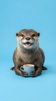Cheerful otter holding a coffee cup against bright blue background, perfect for humorous advertising, greeting cards, and social media content.